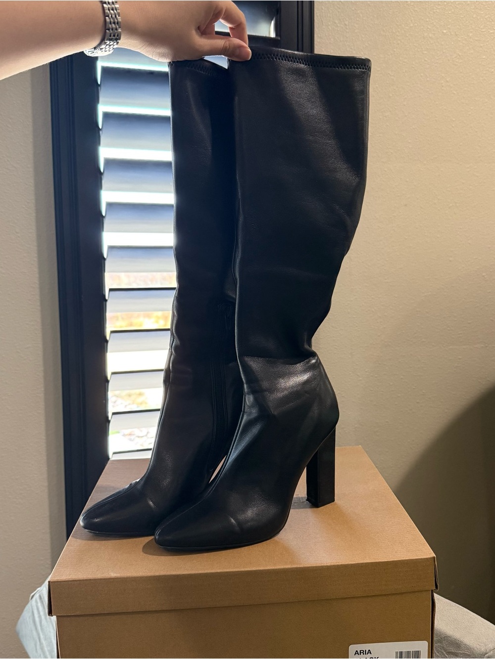 Steve Madden Black Leather Knee-High Heeled Boots